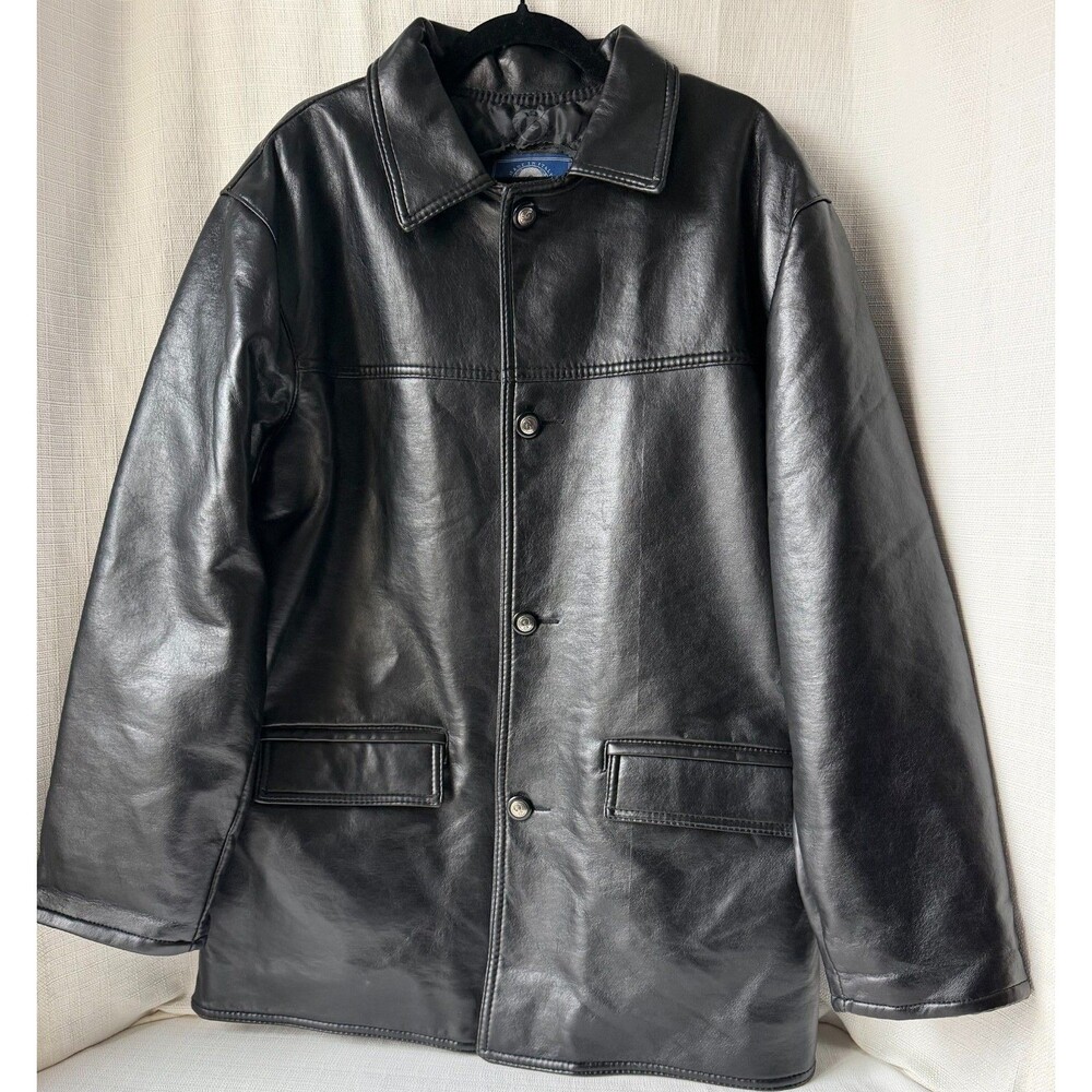 Italian Textile Group Black Leather Car Coat Jacket Quilted Lined Men's XL